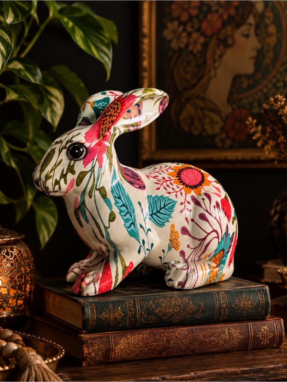Colorful Boho Botanical Folk Art Floral Rabbit Bunny Figurine Home Decor